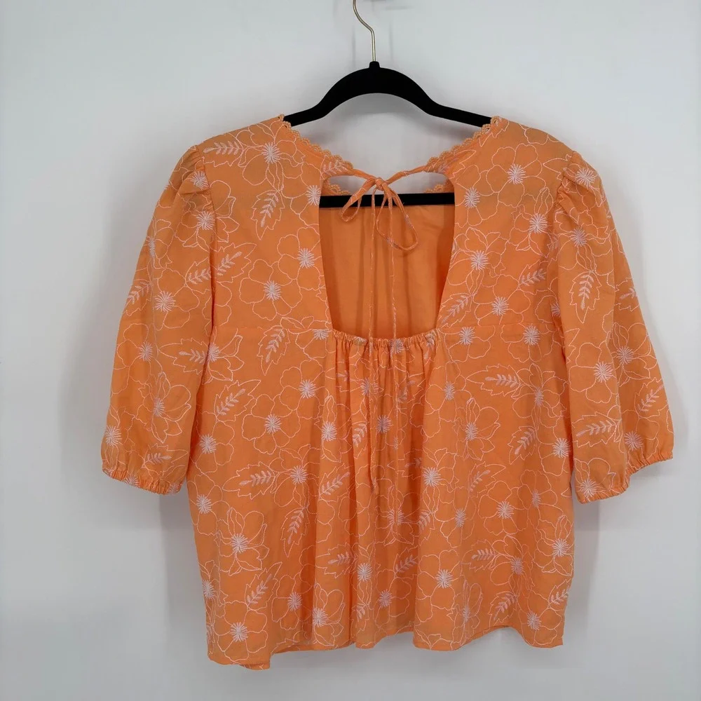 LOFT Orange Floral Embroidered Open Back‎ Puff Sleeve Top XL NWT 36722396